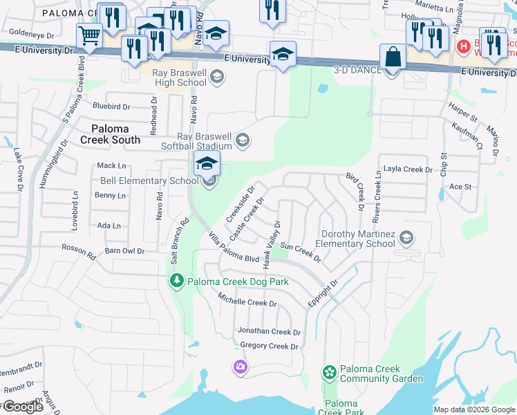 map of restaurants, bars, coffee shops, grocery stores, and more near 2100 Carrie Creek Drive in Little Elm