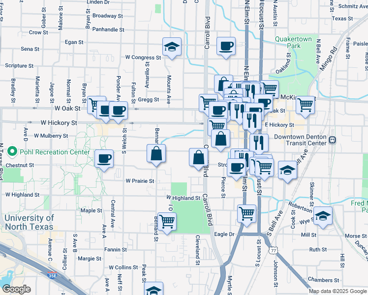map of restaurants, bars, coffee shops, grocery stores, and more near 604 West Sycamore Street in Denton