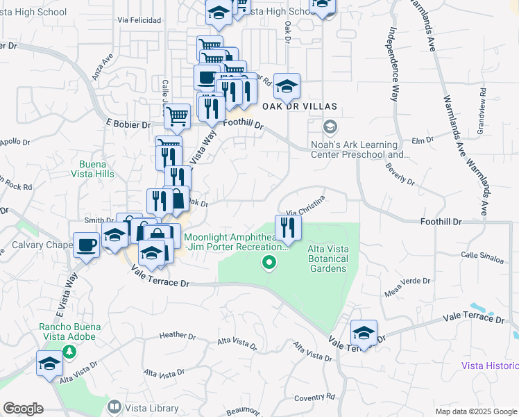 map of restaurants, bars, coffee shops, grocery stores, and more near 1165 Oak Drive in Vista