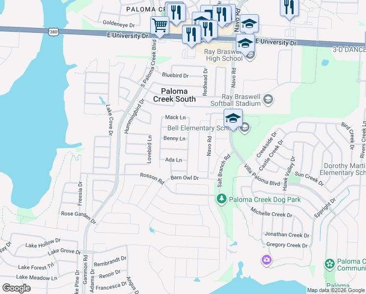 map of restaurants, bars, coffee shops, grocery stores, and more near 1717 Emma Pearl Lane in Little Elm