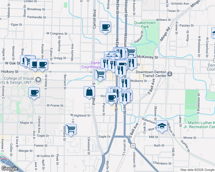 map of restaurants, bars, coffee shops, grocery stores, and more near 230 West Sycamore Street in Denton