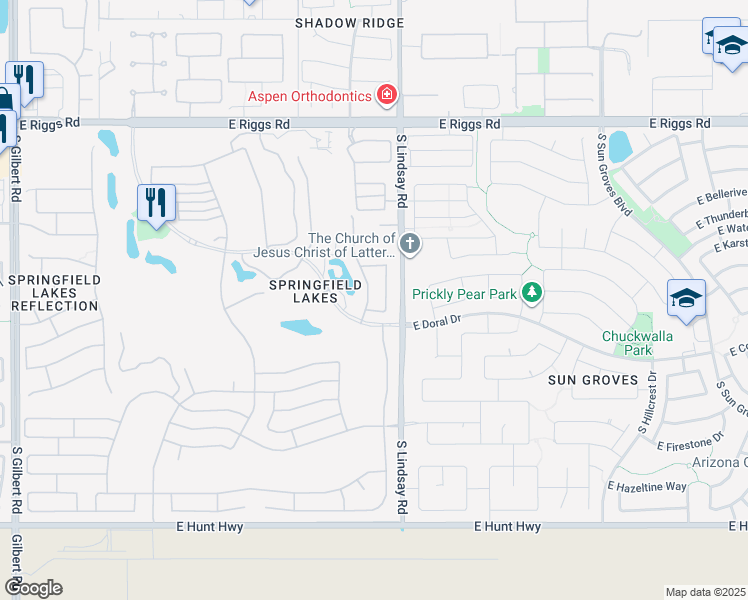 map of restaurants, bars, coffee shops, grocery stores, and more near 6447 South Pinaleno Place in Chandler