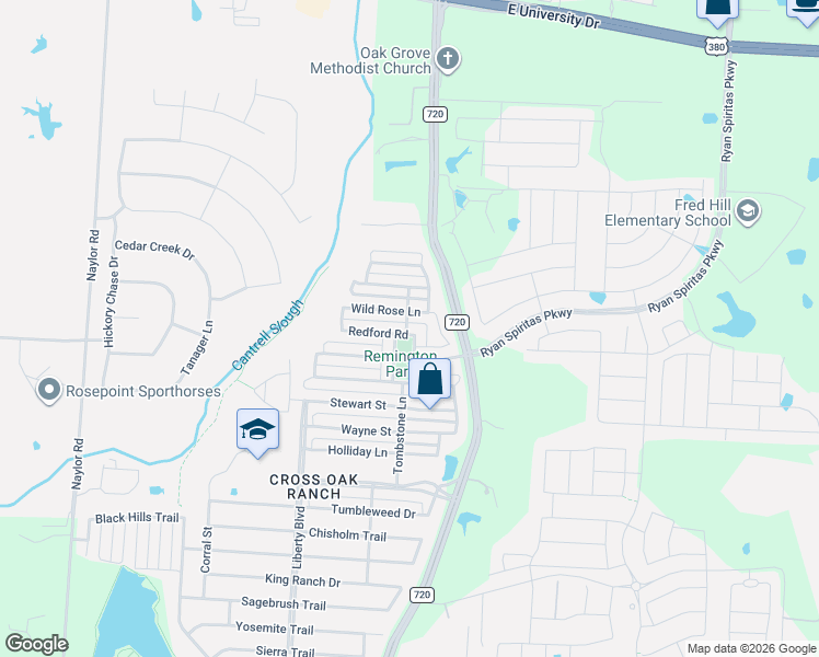 map of restaurants, bars, coffee shops, grocery stores, and more near 9033 Redford Road in Aubrey