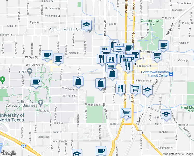 map of restaurants, bars, coffee shops, grocery stores, and more near 604 West Sycamore Street in Denton