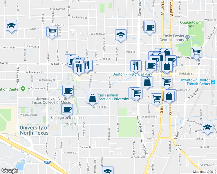 map of restaurants, bars, coffee shops, grocery stores, and more near 902 West Sycamore Street in Denton