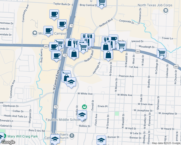 map of restaurants, bars, coffee shops, grocery stores, and more near 1799 Heritage Drive in McKinney