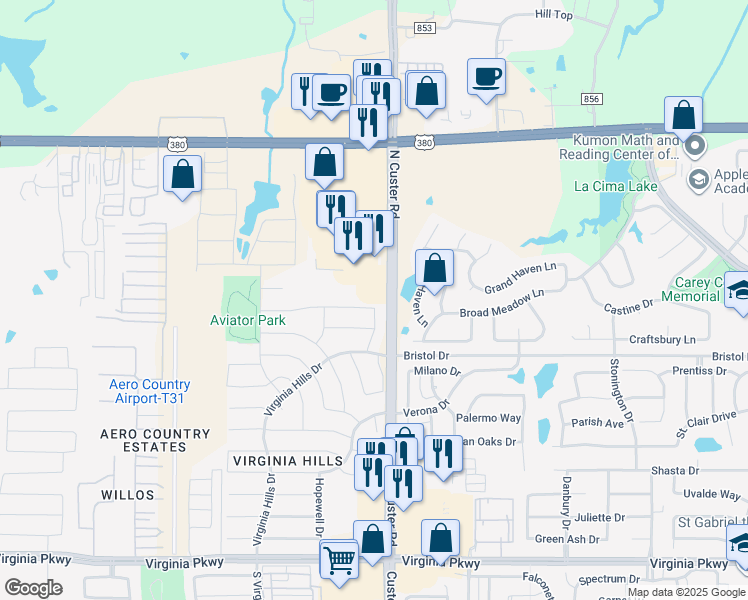 map of restaurants, bars, coffee shops, grocery stores, and more near 9000 Warren Drive in McKinney