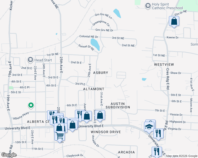 map of restaurants, bars, coffee shops, grocery stores, and more near 3016 3rd Place East in Tuscaloosa