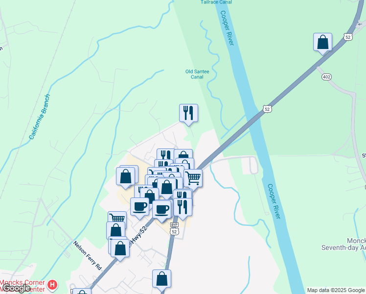 map of restaurants, bars, coffee shops, grocery stores, and more near 1304 Tailrace Drive in Moncks Corner