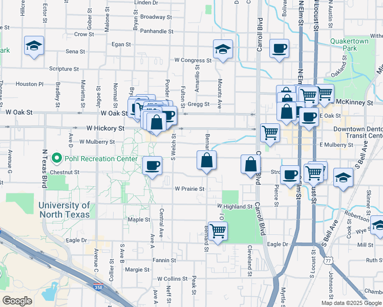 map of restaurants, bars, coffee shops, grocery stores, and more near 930 West Sycamore Street in Denton