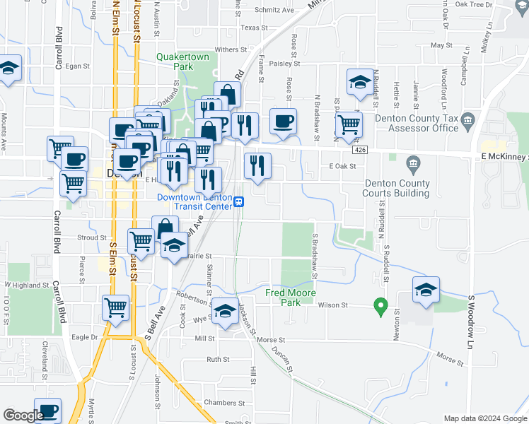 map of restaurants, bars, coffee shops, grocery stores, and more near 601 East Sycamore Street in Denton