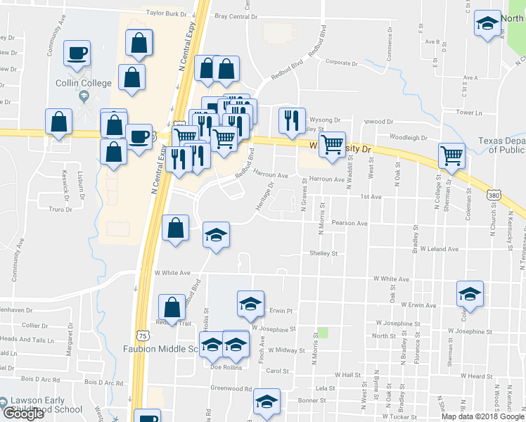 map of restaurants, bars, coffee shops, grocery stores, and more near 1610 Heritage Drive in McKinney