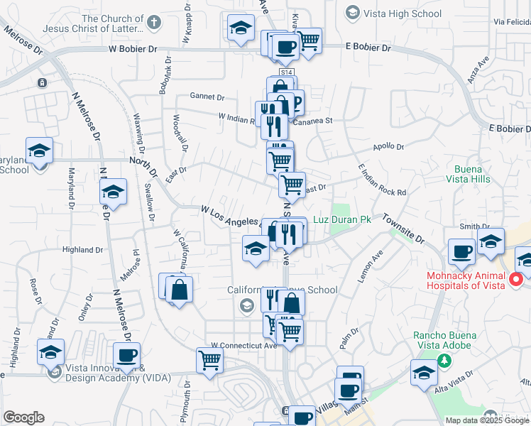 map of restaurants, bars, coffee shops, grocery stores, and more near 161 West Los Angeles Drive in Vista