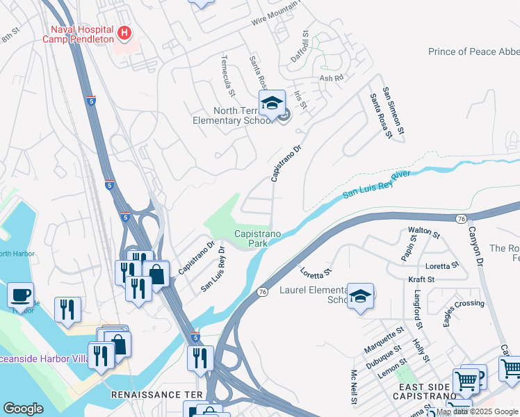 map of restaurants, bars, coffee shops, grocery stores, and more near 1506 San Jose Street in Oceanside