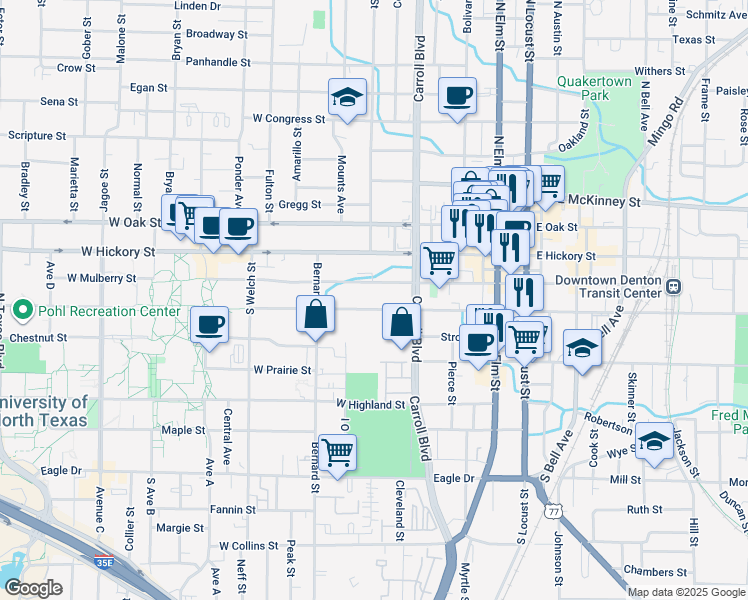 map of restaurants, bars, coffee shops, grocery stores, and more near 604 West Sycamore Street in Denton