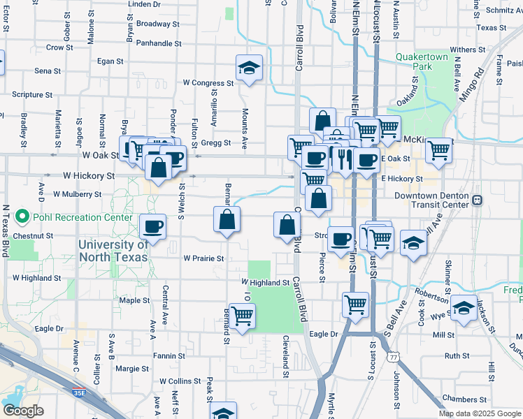 map of restaurants, bars, coffee shops, grocery stores, and more near 716 West Sycamore Street in Denton