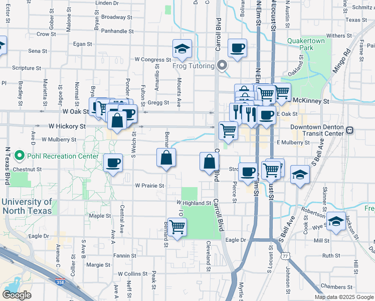 map of restaurants, bars, coffee shops, grocery stores, and more near 716 West Sycamore Street in Denton