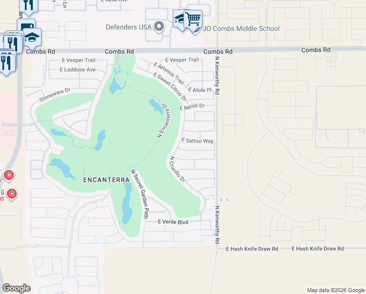 map of restaurants, bars, coffee shops, grocery stores, and more near 1558 East Hesperus Way in San Tan Valley