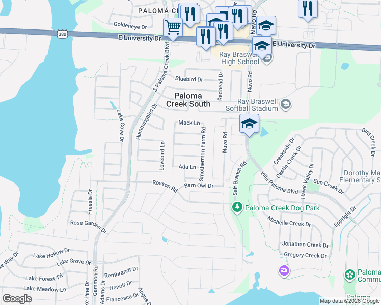 map of restaurants, bars, coffee shops, grocery stores, and more near 1717 Emma Pearl Lane in Little Elm
