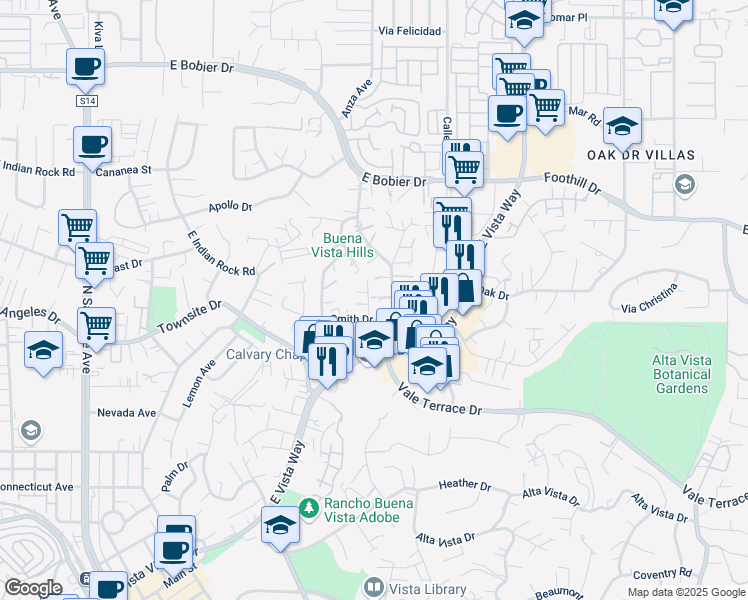 map of restaurants, bars, coffee shops, grocery stores, and more near 1027 Marbo Terrace in Vista