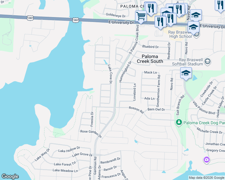 map of restaurants, bars, coffee shops, grocery stores, and more near 713 Lake Cove Drive in Little Elm
