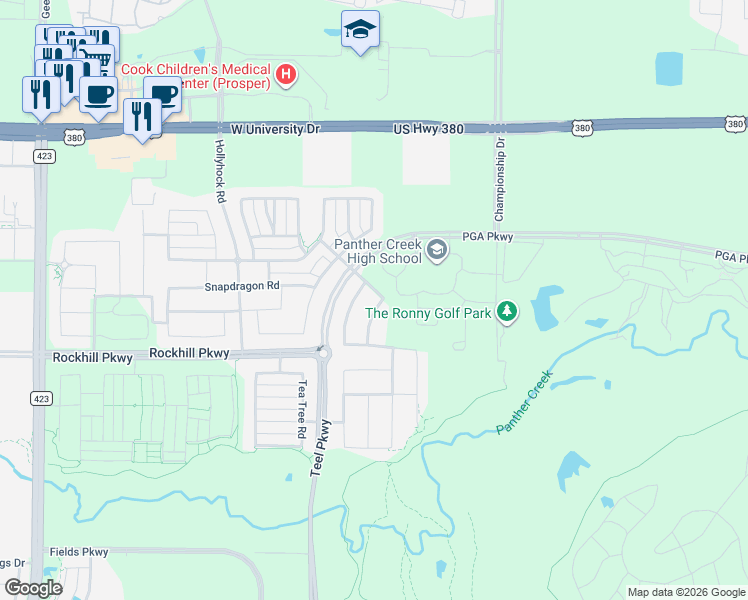 map of restaurants, bars, coffee shops, grocery stores, and more near 2580 Flower Petal Road in Frisco