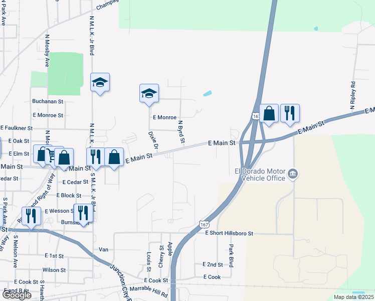 map of restaurants, bars, coffee shops, grocery stores, and more near 2009 East Main Street in El Dorado
