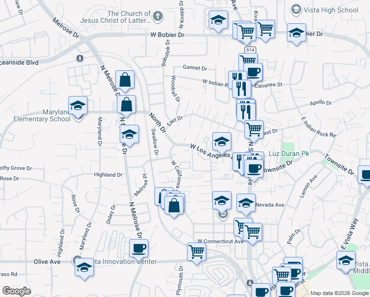 map of restaurants, bars, coffee shops, grocery stores, and more near 416 West Los Angeles Drive in Vista