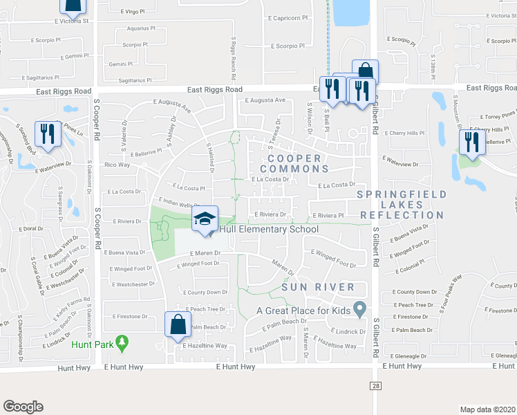 map of restaurants, bars, coffee shops, grocery stores, and more near 2574 East Riviera Drive in Chandler
