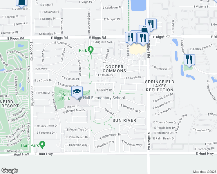 map of restaurants, bars, coffee shops, grocery stores, and more near 2646 East Riviera Drive in Chandler