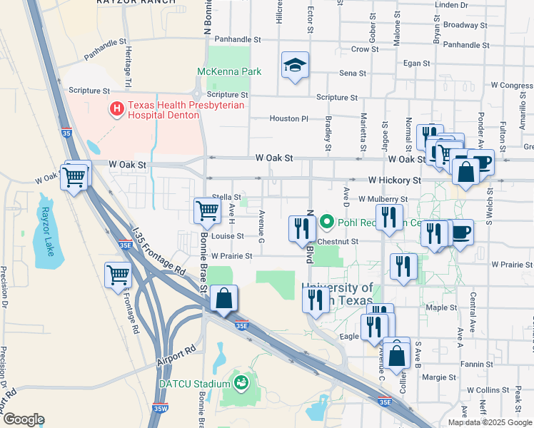 map of restaurants, bars, coffee shops, grocery stores, and more near 213 Avenue G in Denton