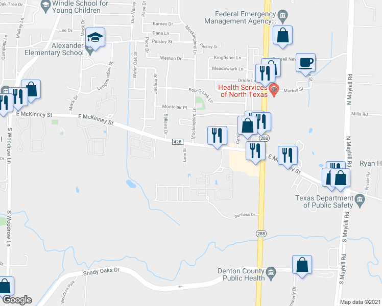 map of restaurants, bars, coffee shops, grocery stores, and more near 3200 E McKinney St in Denton