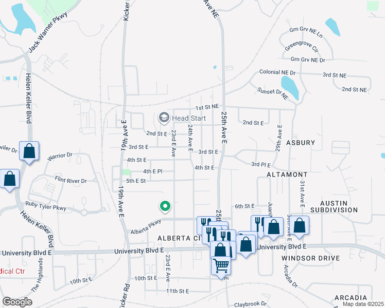 map of restaurants, bars, coffee shops, grocery stores, and more near 309 24th Avenue East in Tuscaloosa