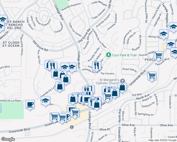 map of restaurants, bars, coffee shops, grocery stores, and more near 1849 Via Primero in Oceanside