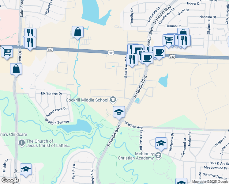 map of restaurants, bars, coffee shops, grocery stores, and more near 4025 Angelina Drive in McKinney