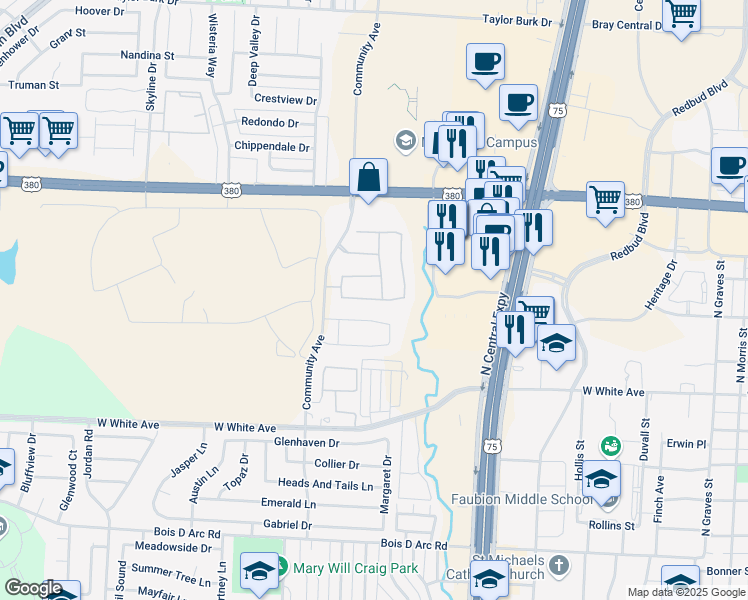 map of restaurants, bars, coffee shops, grocery stores, and more near Truro Drive in McKinney