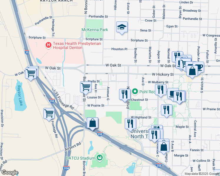 map of restaurants, bars, coffee shops, grocery stores, and more near 213 South Avenue G in Denton