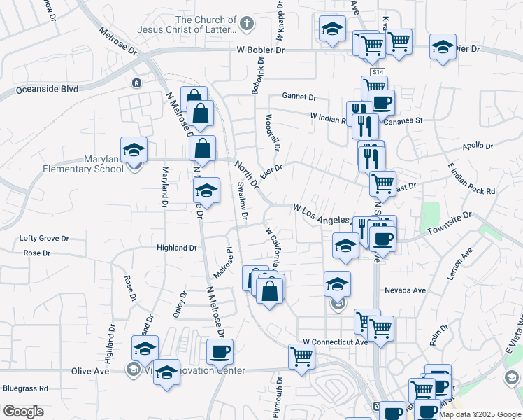 map of restaurants, bars, coffee shops, grocery stores, and more near 451 West Los Angeles Drive in Vista