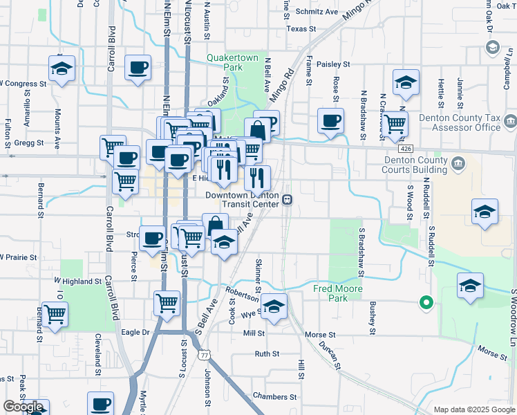 map of restaurants, bars, coffee shops, grocery stores, and more near 209 South Bell Avenue in Denton