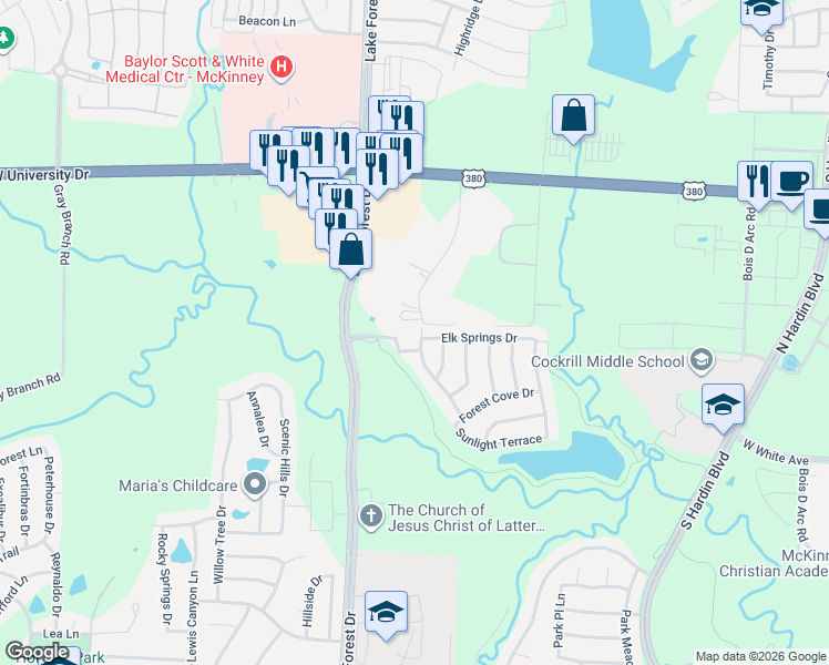 map of restaurants, bars, coffee shops, grocery stores, and more near 4912 Feild Crest Drive in McKinney