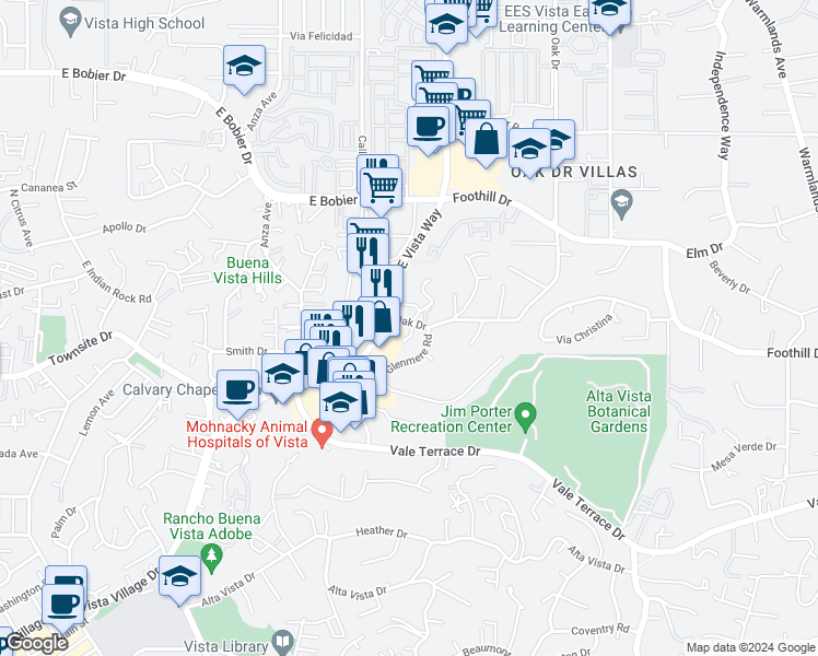map of restaurants, bars, coffee shops, grocery stores, and more near 1015 Oak Drive in Vista