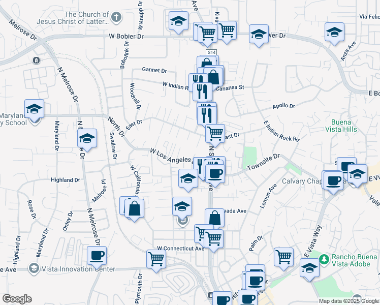 map of restaurants, bars, coffee shops, grocery stores, and more near 161 West Los Angeles Drive in Vista