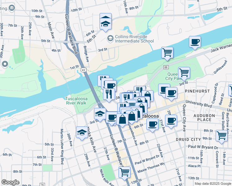 map of restaurants, bars, coffee shops, grocery stores, and more near 2344 Jack Warner Parkway in Tuscaloosa