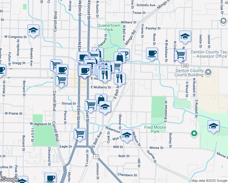 map of restaurants, bars, coffee shops, grocery stores, and more near 307 East Sycamore Street in Denton