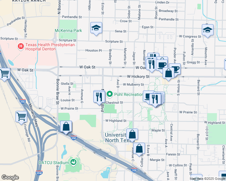 map of restaurants, bars, coffee shops, grocery stores, and more near 1918 West Sycamore Street in Denton