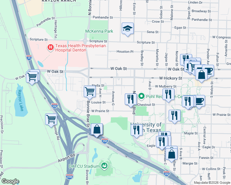 map of restaurants, bars, coffee shops, grocery stores, and more near 213 South Avenue G in Denton