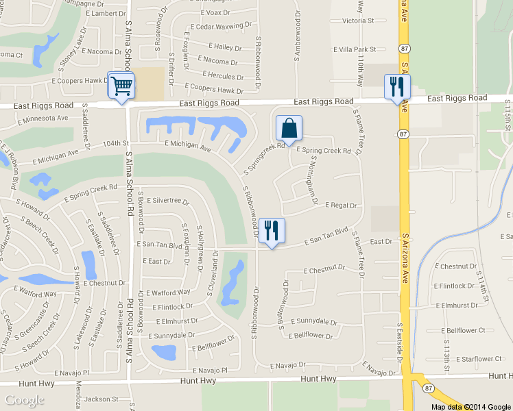 map of restaurants, bars, coffee shops, grocery stores, and more near 25801 South Ribbonwood Drive in Sun Lakes