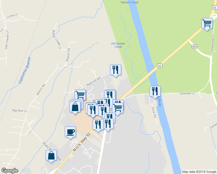 map of restaurants, bars, coffee shops, grocery stores, and more near 1304 Tailrace Drive in Moncks Corner