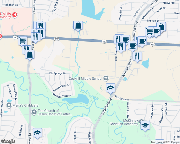 map of restaurants, bars, coffee shops, grocery stores, and more near 4133 Angelina Drive in McKinney