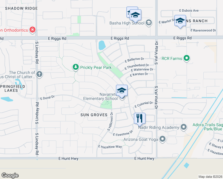 map of restaurants, bars, coffee shops, grocery stores, and more near 4623 East Desert Sands Drive in Chandler
